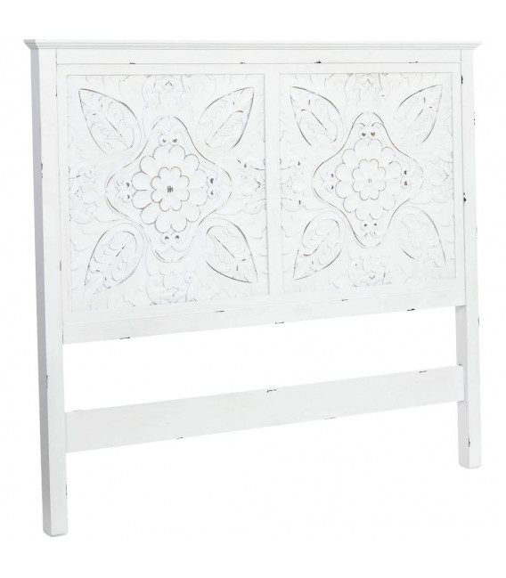 Cabecero provenzal blanco roto en madera de pino tallada clásica.