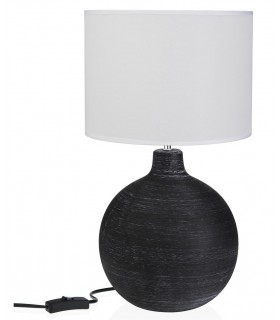 Lámpara sobremesa contemporánea de cerámica negra y pantalla blanca.