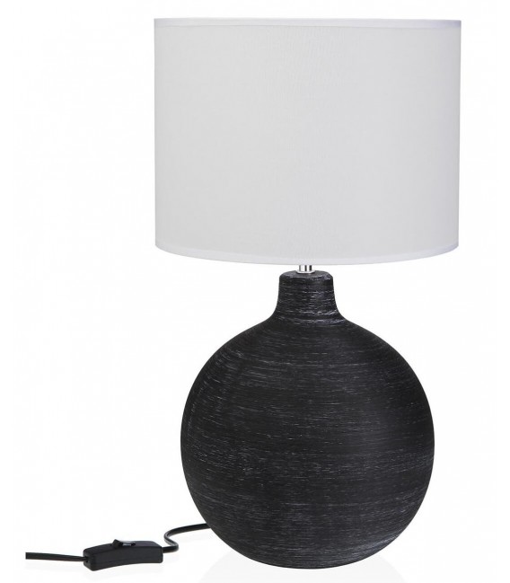 Lámpara sobremesa contemporánea de cerámica negra y pantalla blanca.