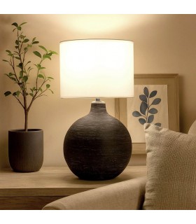 Lámpara sobremesa contemporánea de cerámica negra y pantalla blanca. Mdmhogar