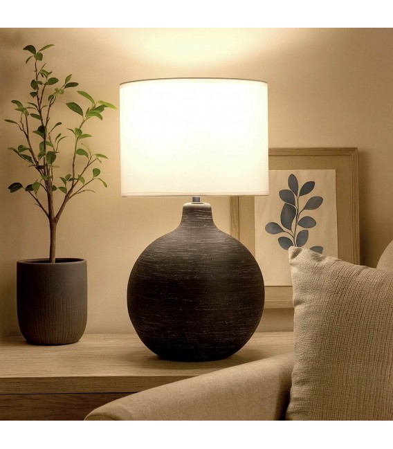 Lámpara sobremesa contemporánea de cerámica negra y pantalla blanca. Mdmhogar