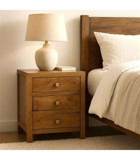 Mesita boho madera miel con tres cajones y tiradores metálicos dorados. Mdmhogar