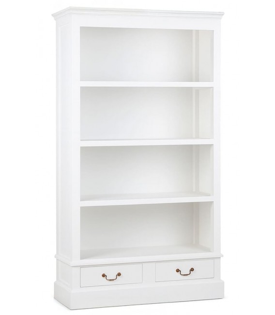 Estantería blanca clásica con cajones y tiradores de bronce.