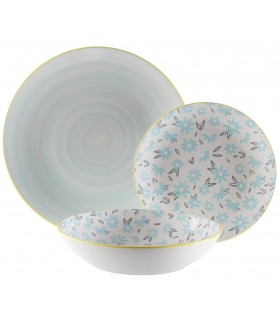 Vajilla provenzal azul y blanca de porcelana con ribete amarillo. 1