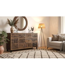 Cómoda étnica XL de madera nogal y metal con 12 cajones únicos. Mdmhogar