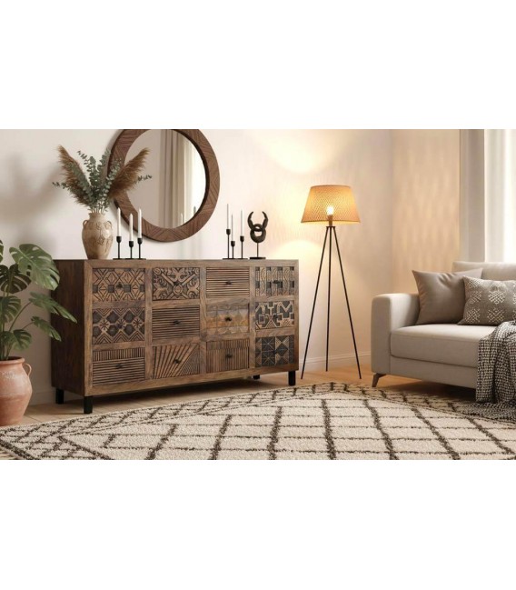 Cómoda étnica XL de madera nogal y metal con 12 cajones únicos. Mdmhogar