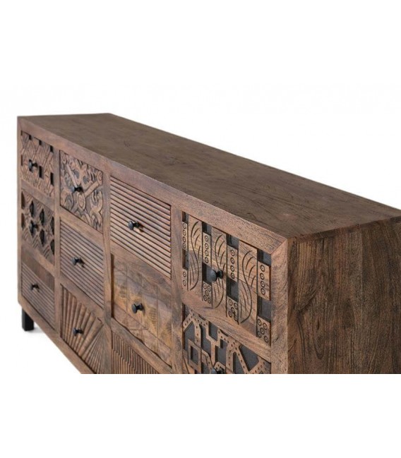 Cómoda étnica XL de madera nogal y metal con 12 cajones únicos. 1