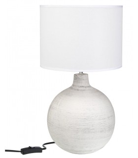 Lámpara sobremesa cerámica blanca rozada con pantalla textil.