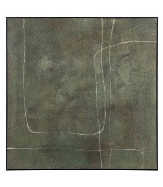 Cuadro grande abstracto verde pintado a mano con marco negro.