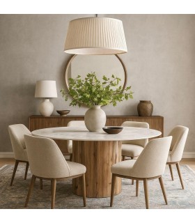 Mesa redonda roble y porcelánico blanco estilo contemporáneo. Mdmhogar