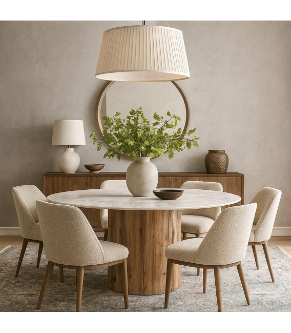 Mesa redonda roble y porcelánico blanco estilo contemporáneo. Mdmhogar