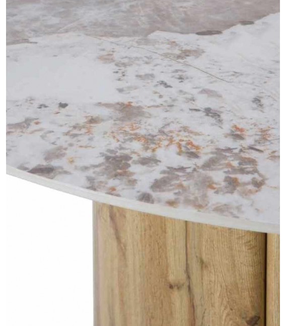 Mesa redonda roble y porcelánico blanco estilo contemporáneo. 1