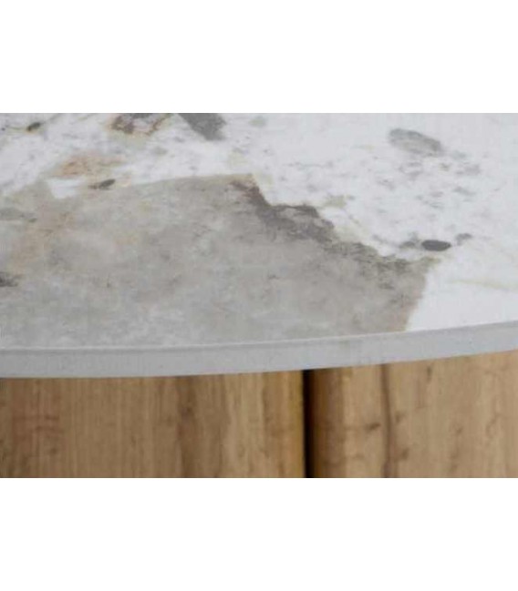 Mesa redonda roble y porcelánico blanco estilo contemporáneo. 2