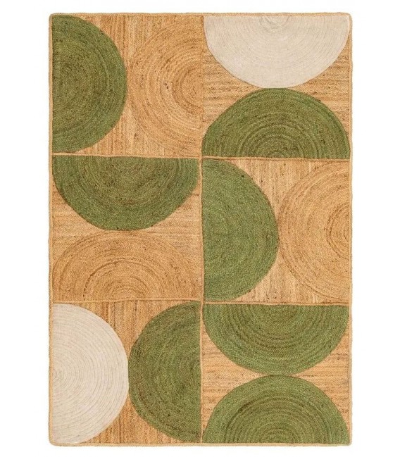 Alfombra de yute natural y verde trenzada artesanalmente.