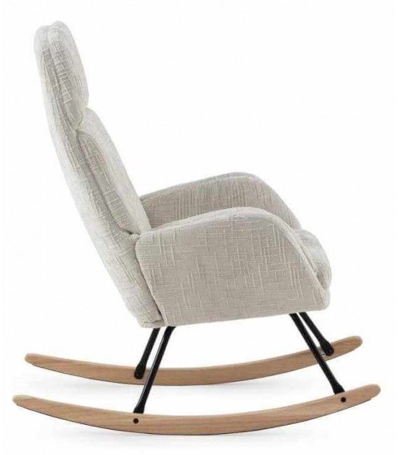 Sillón mecedora nórdico en chenilla blanca y madera natural. 2