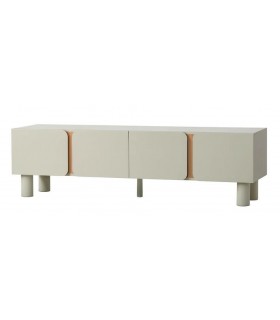 Mueble TV moderno lacado topo con detalles en madera roble.