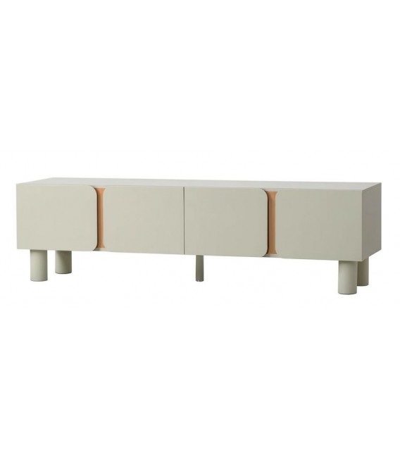 Mueble TV moderno lacado topo con detalles en madera roble.