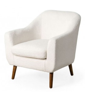 Butaca bouclé blanca con patas de madera nogal, estilo moderno. 1