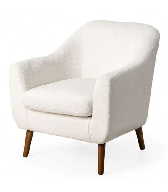 Butaca bouclé blanca con patas de madera nogal, estilo moderno. 1