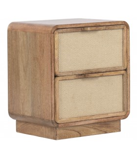 Mesita de noche boho madera y yute natural dos cajones prácticos.