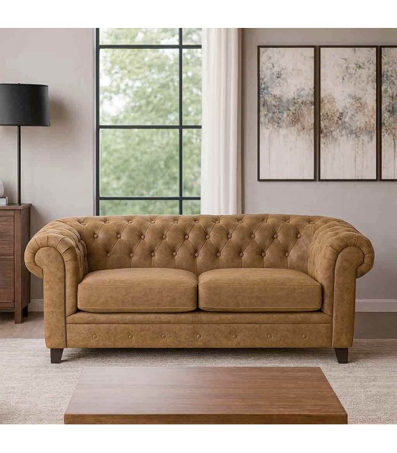 Sofá 2 plazas chester polipiel camel elegante y cómodo. Mdmhogar