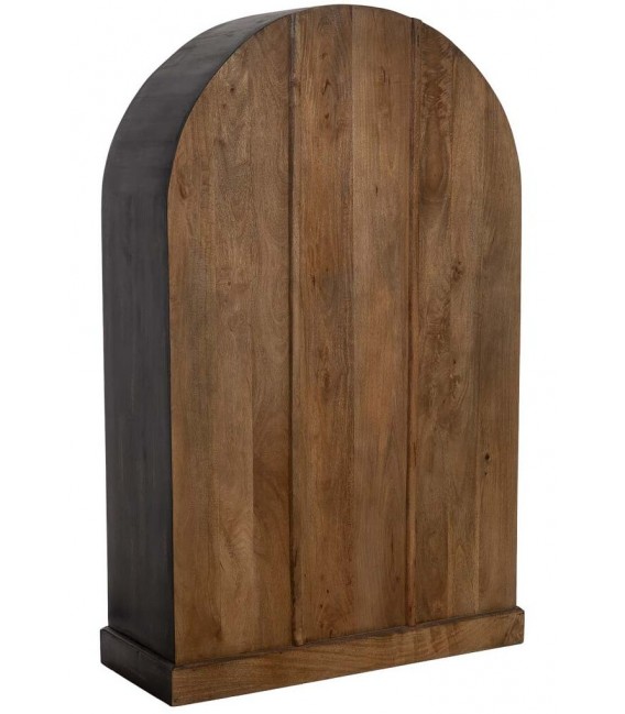 Armario étnico tallado negro con puertas arqueadas y estantes. 3