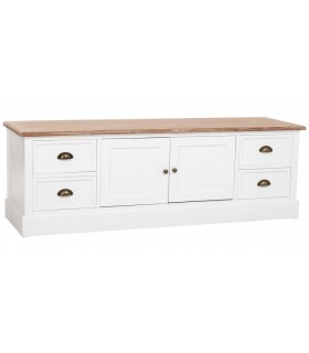 Mueble de TV rústico en madera natural y blanco con cajones.