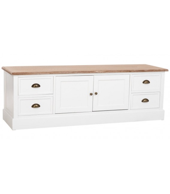 Mueble de TV rústico en madera natural y blanco con cajones.