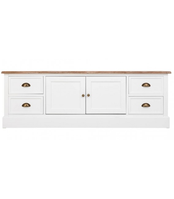 Mueble de TV rústico en madera natural y blanco con cajones. 1