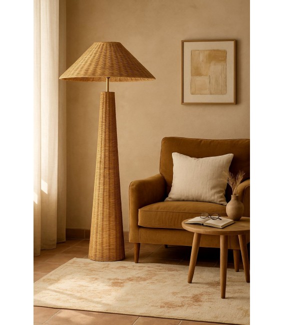 Lámpara de pie boho XL en ratán natural trenzado artesanal. Mdmhogar