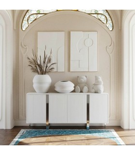 Aparador moderno blanco con estructura metálica cromada elegante. Mdmhogar