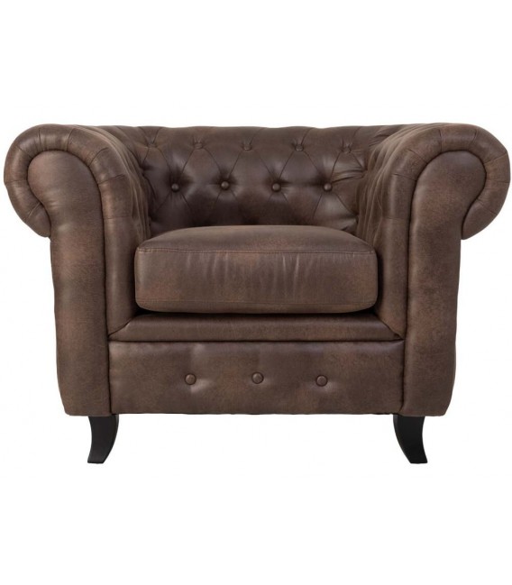 Butaca Chester clásica tapizada en polipiel marrón envejecida. 2