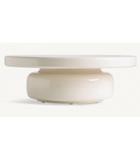 Mesa de centro moderna redonda crema brillo, diseño exclusivo.