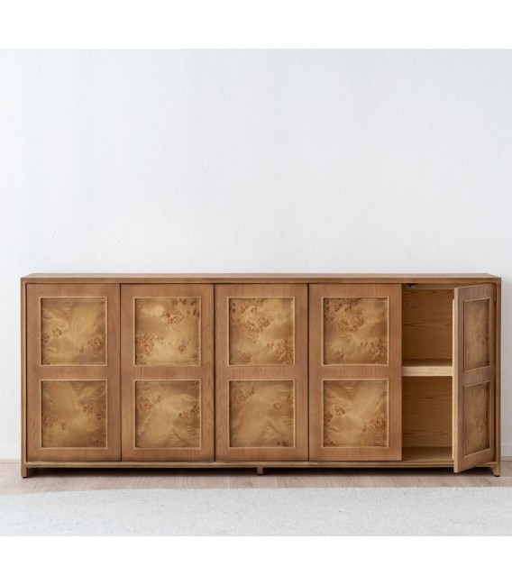 Aparador boho grande de madera roble tostado con 4 puertas. 2