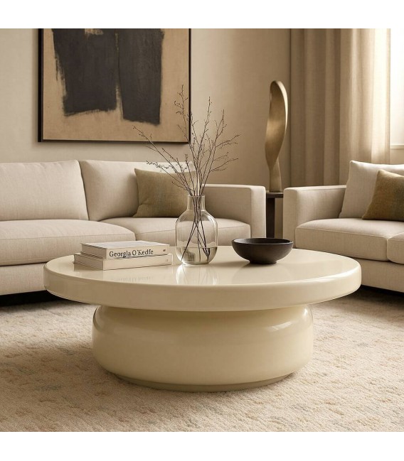Mesa de centro moderna redonda crema brillo, diseño exclusivo. Mdmhogar