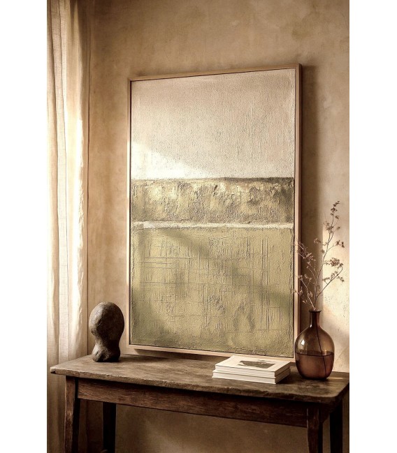 Cuadro vertical abstracto verde pintado a mano con marco pino. Mdmhogar