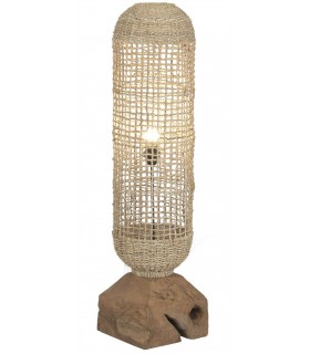 Lámpara de pie boho en madera de teca y fibras naturales trenzadas. 1