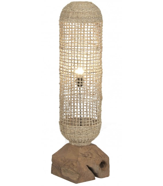 Lámpara de pie boho en madera de teca y fibras naturales trenzadas. 1