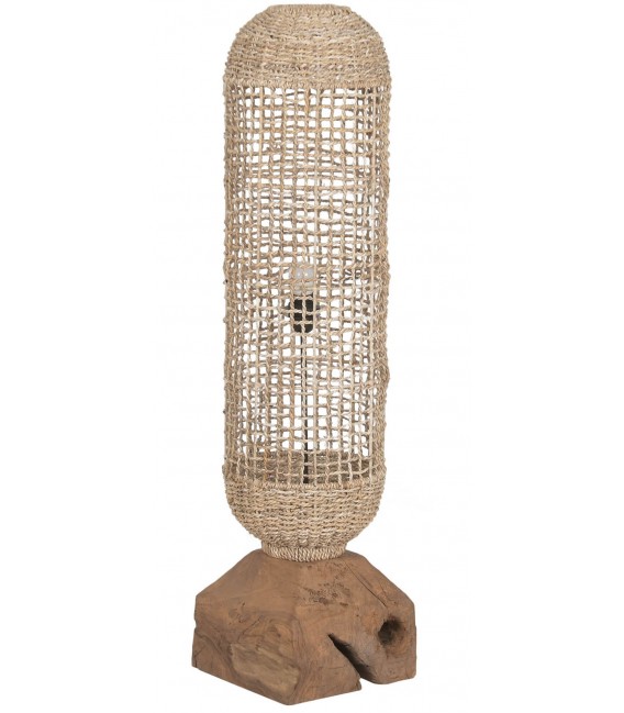 Lámpara de pie boho en madera de teca y fibras naturales trenzadas.
