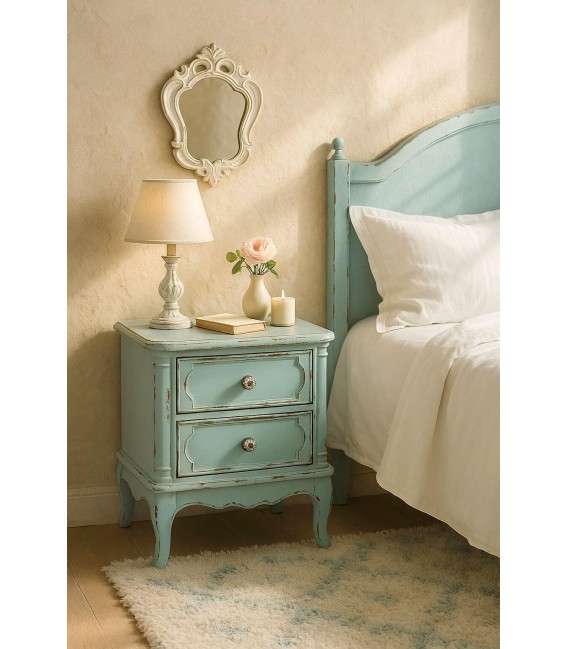 Mesita clásica chic turquesa rozado con 2 cajones de pino. Mdmhogar