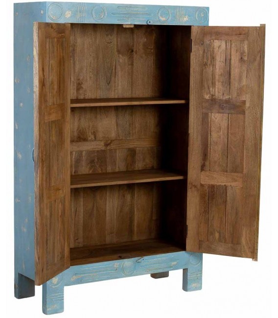 Armario alacena madera azul tallada artesanal estilo étnico. 2