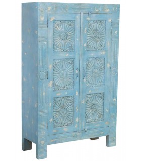Armario alacena madera azul tallada artesanal estilo étnico.