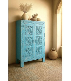 Armario alacena madera azul tallada artesanal estilo étnico. Mdmhogar