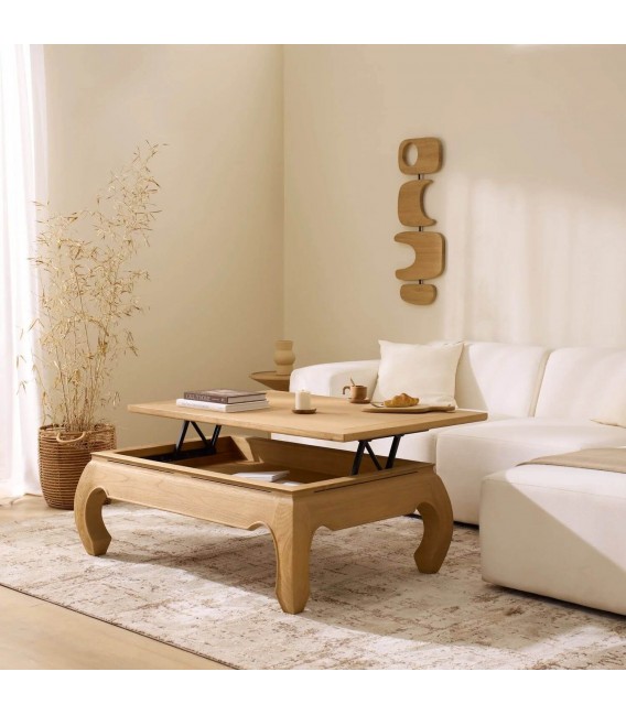 Mesa elevable de madera natural con diseño cálido japandi. 1