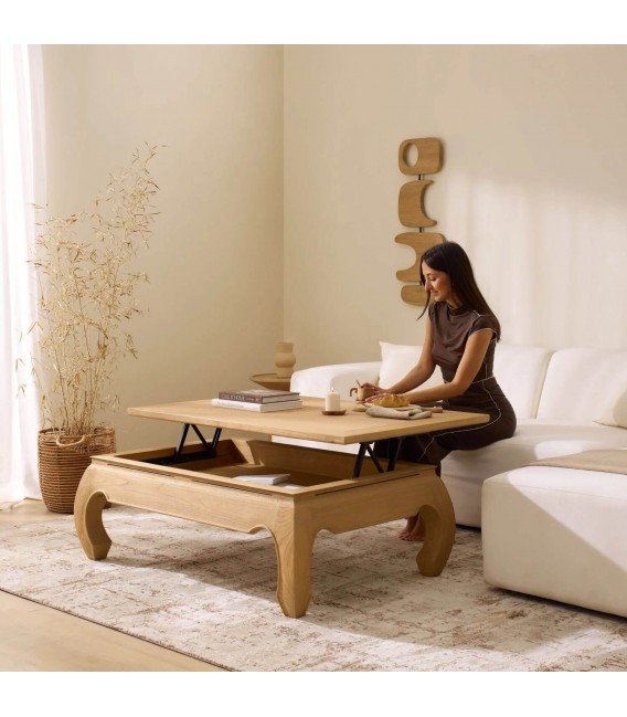 Mesa elevable de madera natural con diseño cálido japandi. 2