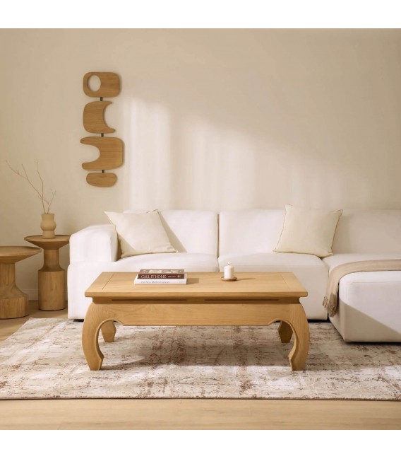 Mesa elevable de madera natural con diseño cálido japandi. 3