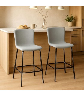 Set de 2 taburetes modernos de metal negro y textil gris claro. Mdmhogar