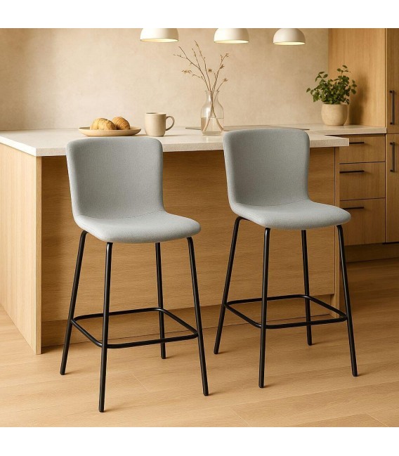Set de 2 taburetes modernos de metal negro y textil gris claro. Mdmhogar