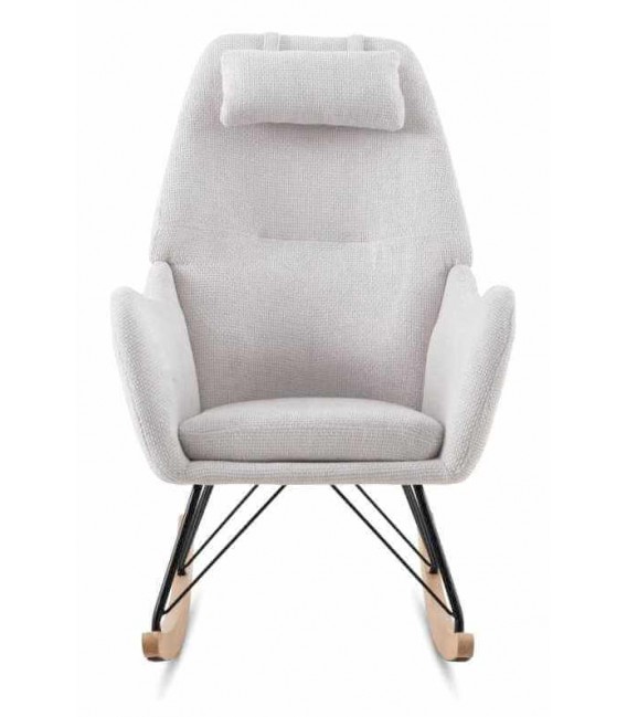 Sillón mecedora nórdico madera natural y tela chenilla blanca. 1