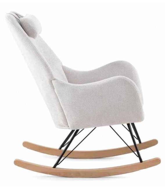 Sillón mecedora nórdico madera natural y tela chenilla blanca. 2